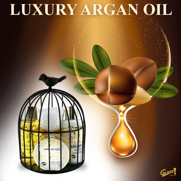 Coffret De Bain Pour Femme - Cage noir en métal incluant une serviette pour le visage - Huile Argan