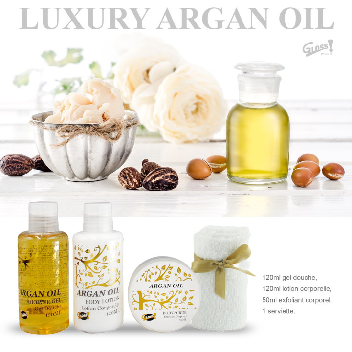 Coffret De Bain Pour Femme - Cage noir en métal incluant une serviette pour le visage - Huile Argan