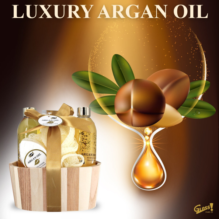 Coffret beauté de bain incluant un pot en bois - Huile Argan
