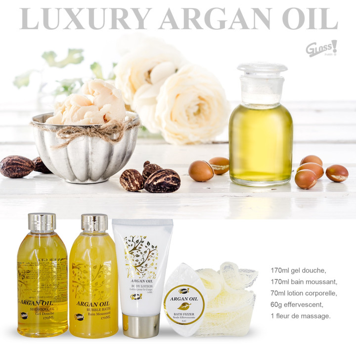 Coffret beauté de bain incluant un pot en bois - Huile Argan