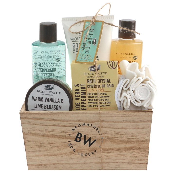 Coffret soins du corps en bois - Aloe vera, menthe, tilleul & vanille