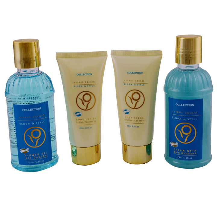 Coffret de Bain - Trousse bleu et dorée - Agrumes et Orchidée